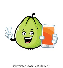 vector cartoon, character, and mascot of a guava holding smartphone.
