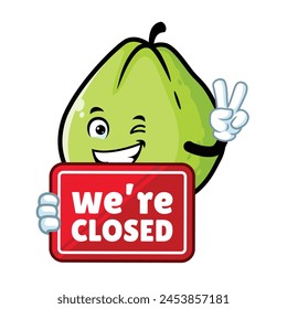 vector cartoon, character, and mascot of a guava holding closed signboard.