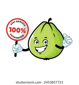 vector cartoon, character, and mascot of a guava holding guaranteed signboard.