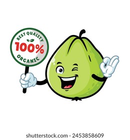 vector cartoon, character, and mascot of a guava holding organic signboard.