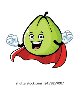 vector cartoon, character, and mascot of a guava superhero.