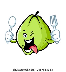 vector cartoon, character, and mascot of a guava holding spoon and fork.
