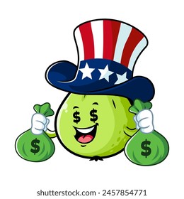 vector cartoon, character, and mascot of a guava uncle sam holding money bag.