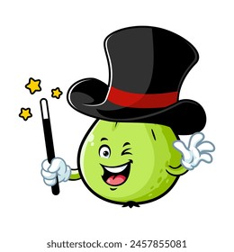 vector cartoon, character, and mascot of a guava wearing magician costume.