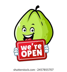 Caricatura de Vector, personaje y mascota de una guayaba sosteniendo un cartel abierto.