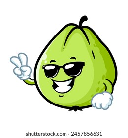 vector cartoon, character, and mascot of a guava wearing black eyeglasses.