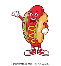 vector cartoon, character, and mascot of a hotdog welcome pose.