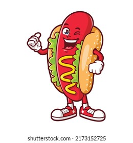 vector cartoon, character, and mascot of a hotdog with thumbs up hand.