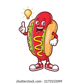 vector cartoon, character, and mascot of a hotdog get an idea.