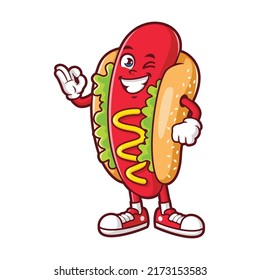 vector cartoon, character, and mascot of a hotdog say ok pose.