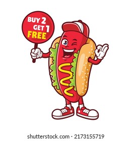 vector cartoon, character, and mascot of a hotdog wearing red hat holding bonus promotion signboard.