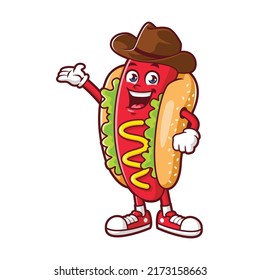 vector cartoon, character, and mascot of a hotdog wearing cowboy hat.