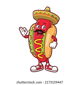 vector cartoon, character, and mascot of a hotdog wearing sombrero hat.