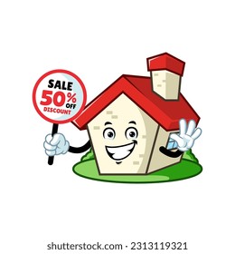 vector cartoon, character, and mascot of a house holding discount signboard.