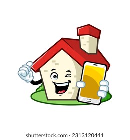 vector cartoon, character, and mascot of a house holding smartphone.