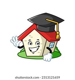 vector cartoon, character, and mascot of a house wearing graduation hat.