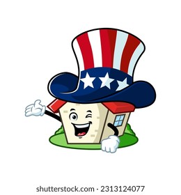 vector cartoon, character, and mascot of a house wearing uncle sam hat with welcome pose.