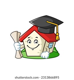 vector cartoon, character, and mascot of a house wearing graduation hat.