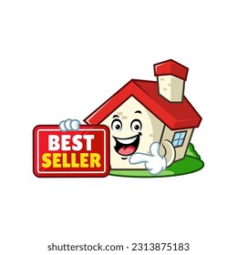 vector cartoon, character, and mascot of a house holding best seller signboard.