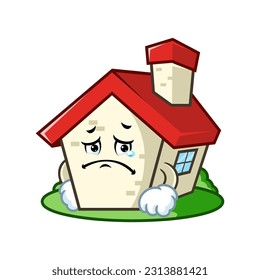 vector cartoon, character, and mascot of a house with sad expression face.