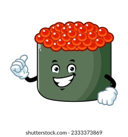 vector cartoon, character, and mascot of an ikura sushi with thumbs up hand.