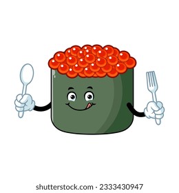 vector cartoon, character, and mascot of an ikura sushi holding spoon and fork.