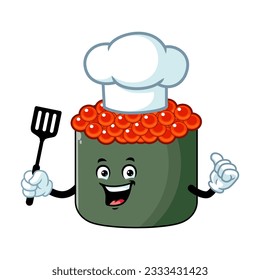 vector cartoon, character, and mascot of an ikura sushi holding spatula.