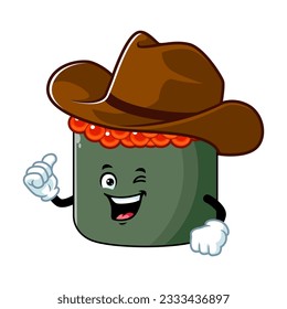 vector cartoon, character, and mascot of an ikura sushi wearing cowboy hat.
