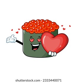 vector cartoon, character, and mascot of an ikura sushi holding heart in love.