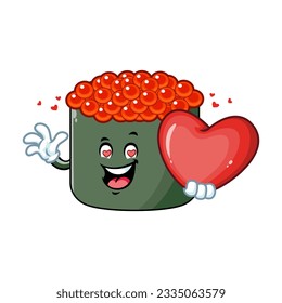 vector cartoon, character, and mascot of an ikura sushi holding heart in love.