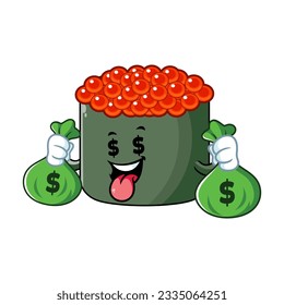 vector cartoon, character, and mascot of an ikura sushi holding money bags.