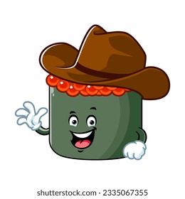 vector cartoon, character, and mascot of an ikura sushi wearing cowboy hat.