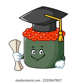 vector cartoon, character, and mascot of an ikura sushi wearing graduation hat.