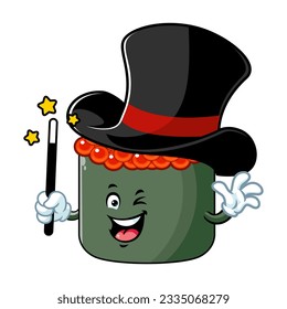 vector cartoon, character, and mascot of an ikura sushi wearing magician hat.