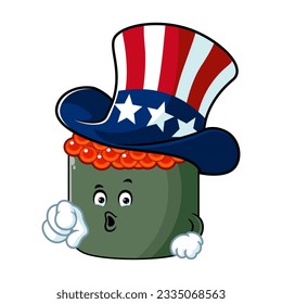 vector cartoon, character, and mascot of an ikura sushi wearing uncle sam hat.