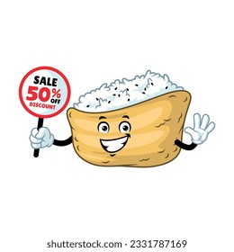 vector cartoon, character, and mascot of an inari sushi holding discount signboard.