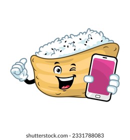 dibujos animados vectoriales, personajes y mascota de un sushi inari sosteniendo un smartphone.