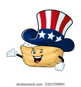 vector cartoon, character, and mascot of an inari sushi wearing uncle sam hat.