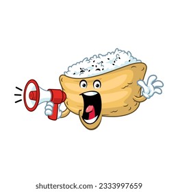 vector cartoon, character, and mascot of an inari sushi holding megaphone.