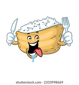 vector cartoon, character, and mascot of an inari sushi holding knife and fork.