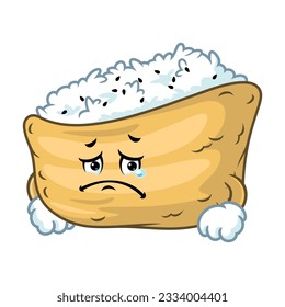 vector cartoon, character, and mascot of an inari sushi with sad expression face.