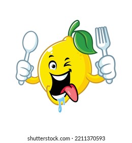 vector cartoon, character, and mascot of a lemon holding spoon and fork.
