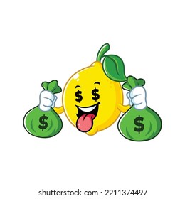 vector cartoon, character, and mascot of a lemon holding money sack.