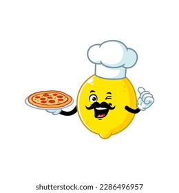vector cartoon, character, and mascot of a lemon holding pizza.