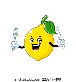vector cartoon, character, and mascot of a lemon holding fork and knife.