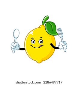 vector cartoon, character, and mascot of a lemon holding spoon and fork.