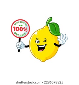 vector cartoon, character, and mascot of a lemon holding organic signboard.