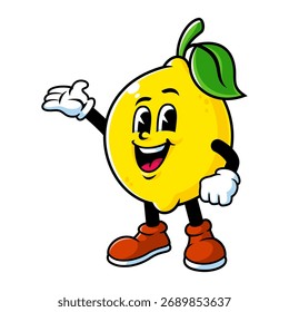 Vector de dibujos animados, personaje y mascota de un limón con pose de bienvenida.