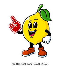 Vector de dibujos animados, personaje y mascota de un limón con espuma de dedos.