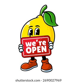 vector cartoon, character, and mascot of a lemon holding open signboard.